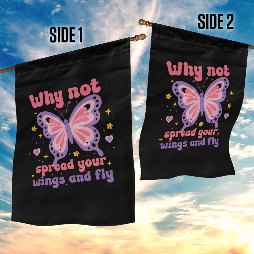 Retro Y2K Groovy Pink Butterfly Inspirational Garden Flag Why Not Spread Your Wings And Fly Female Empowerment