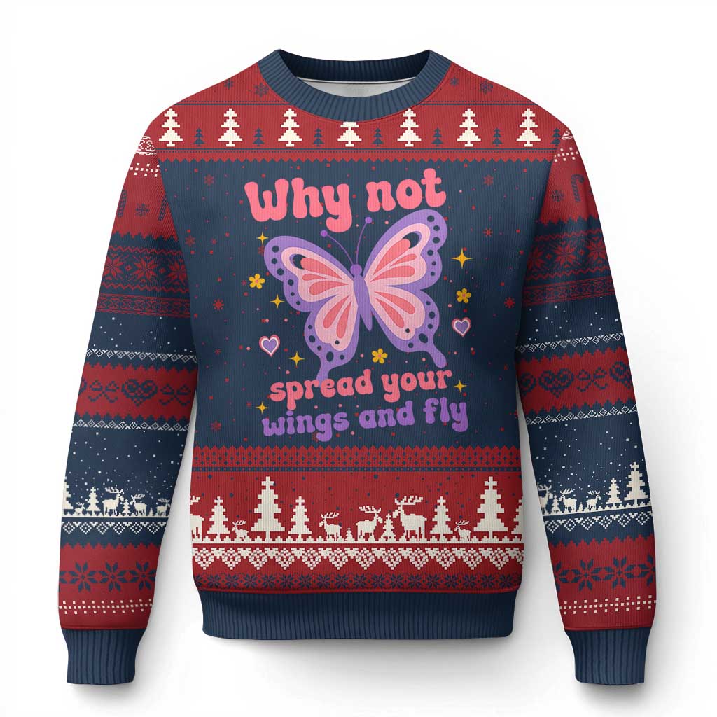 Retro Y2K Groovy Pink Butterfly Inspirational Ugly Christmas Sweater Why Not Spread Your Wings And Fly Female Empowerment