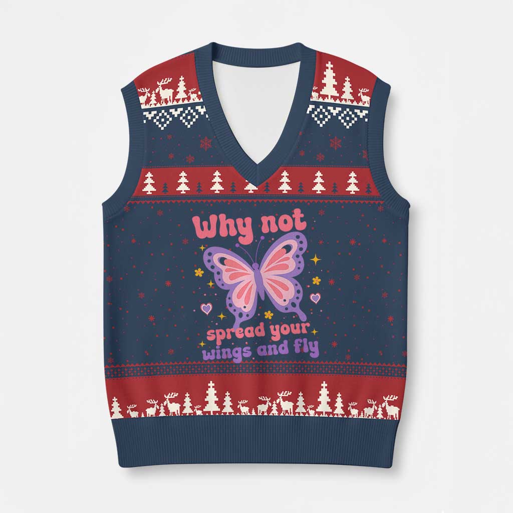 Retro Y2K Groovy Pink Butterfly Inspirational V-Neck Knit Sweater Vest Why Not Spread Your Wings And Fly Female Empowerment