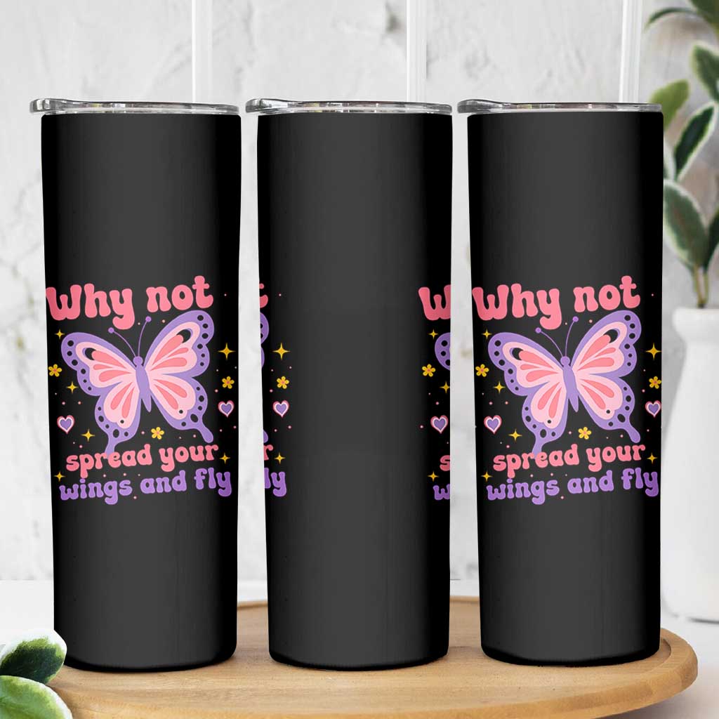 Retro Y2K Groovy Pink Butterfly Inspirational Skinny Tumbler Why Not Spread Your Wings And Fly Female Empowerment
