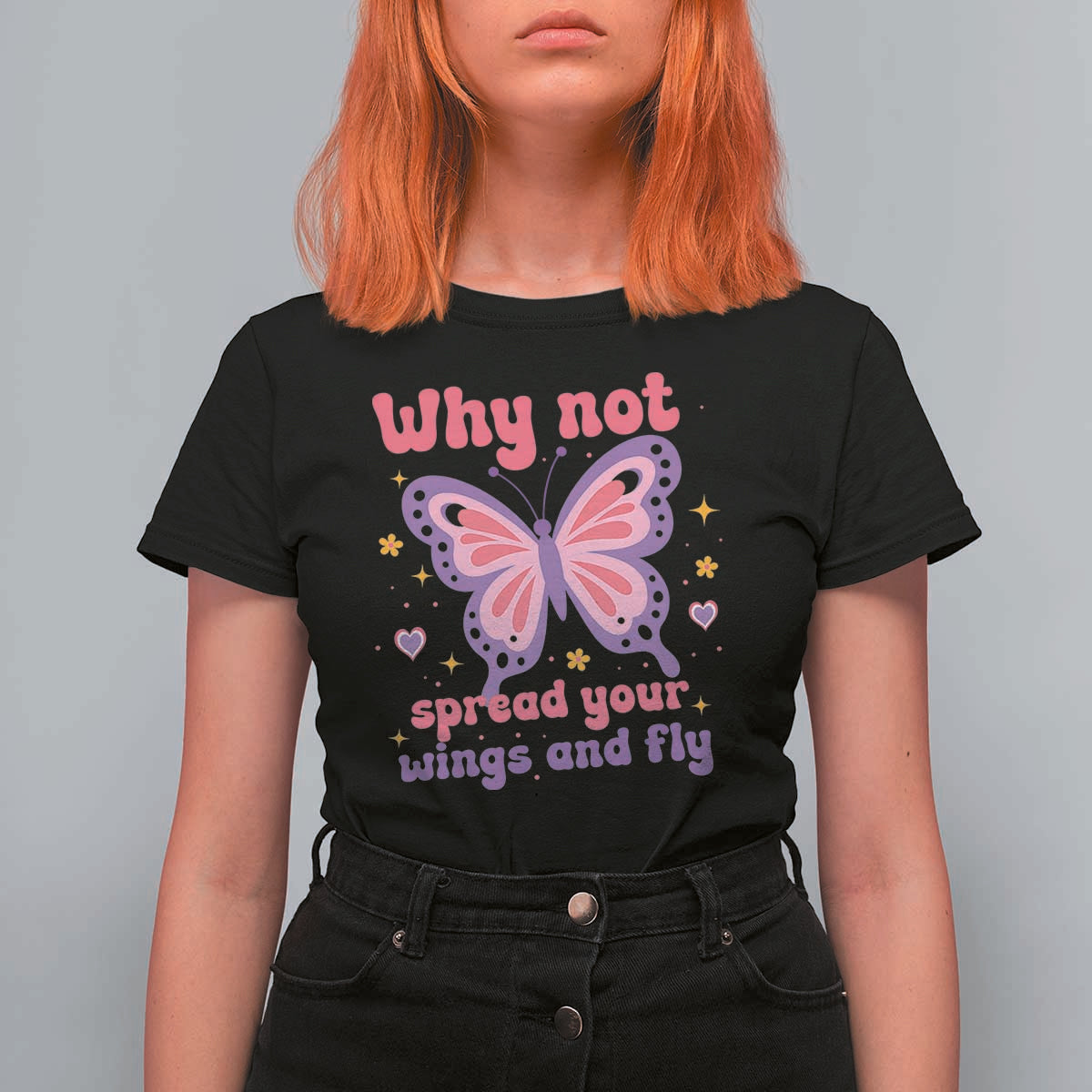 Retro Y2K Groovy Pink Butterfly Inspirational T Shirt For Women Why Not Spread Your Wings And Fly Female Empowerment