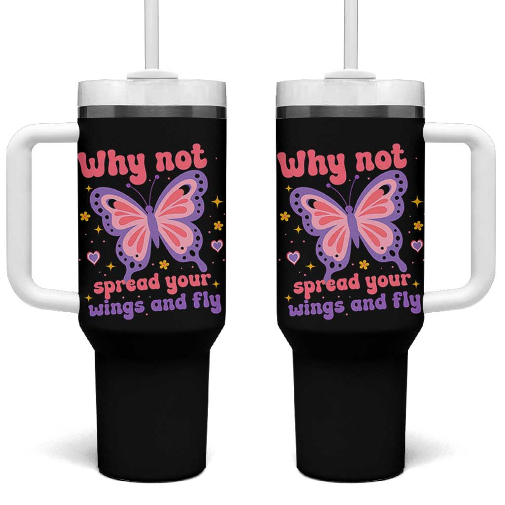Retro Y2K Groovy Pink Butterfly Inspirational Tumbler With Handle Why Not Spread Your Wings And Fly Female Empowerment