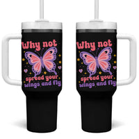 Retro Y2K Groovy Pink Butterfly Inspirational Tumbler With Handle Why Not Spread Your Wings And Fly Female Empowerment