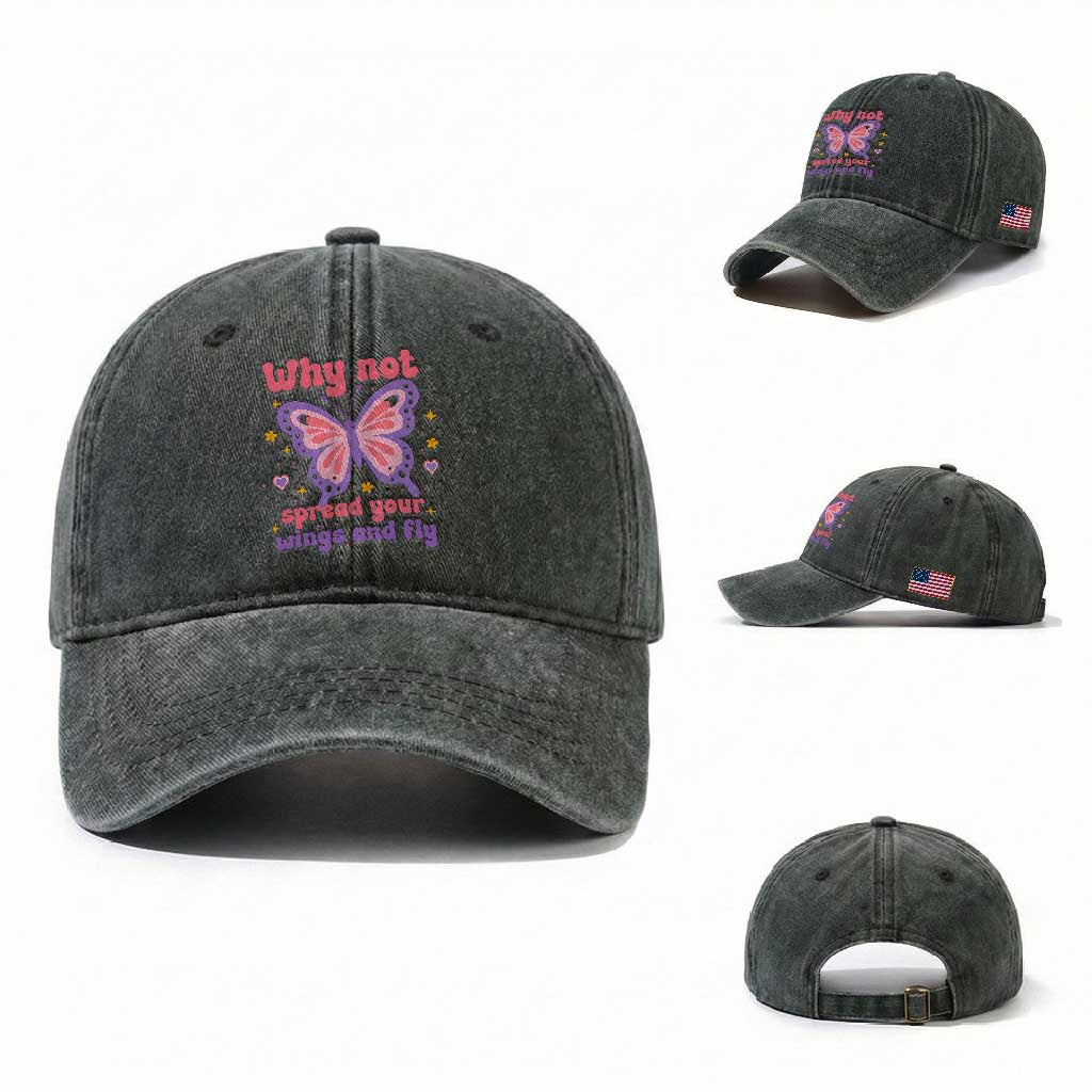 Retro Y2K Groovy Pink Butterfly Inspirational Washed Cotton Baseball Cap Why Not Spread Your Wings And Fly Female Empowerment