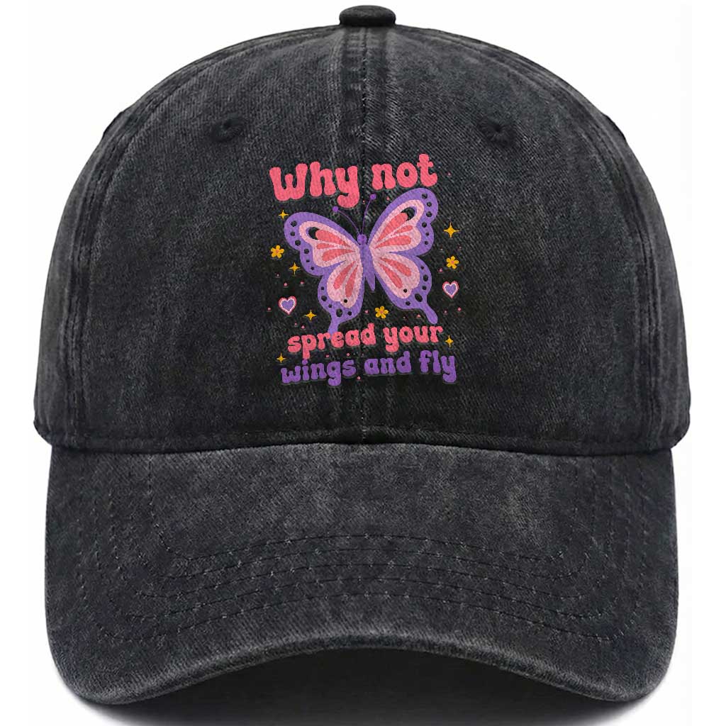 Retro Y2K Groovy Pink Butterfly Inspirational Washed Cotton Baseball Cap Why Not Spread Your Wings And Fly Female Empowerment