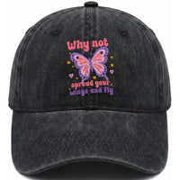 Retro Y2K Groovy Pink Butterfly Inspirational Washed Cotton Baseball Cap Why Not Spread Your Wings And Fly Female Empowerment
