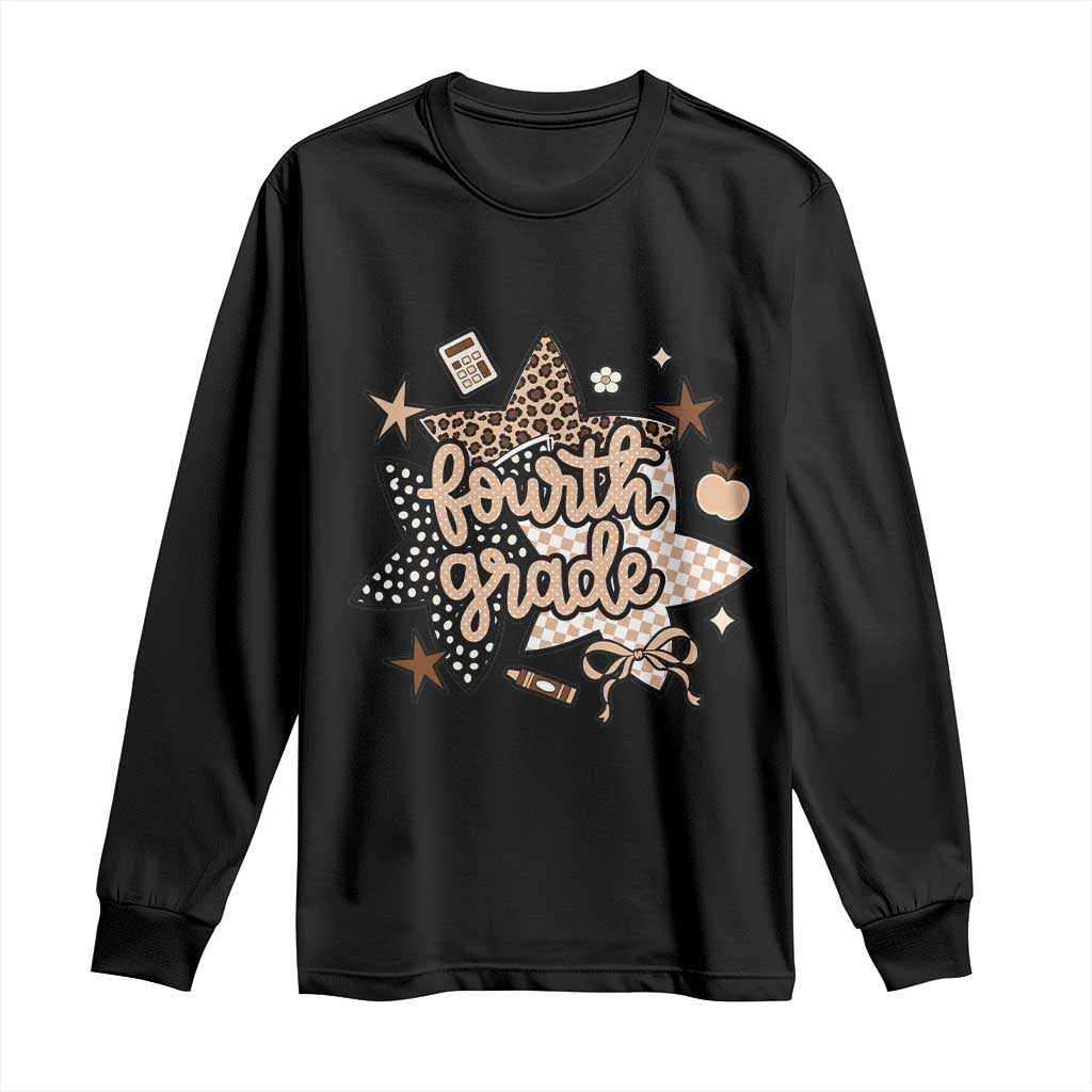 Fourth Grade Leopard Checkered Star Coquette Long Sleeve Shirt Cute 4th Grade Girl Back to School Gift