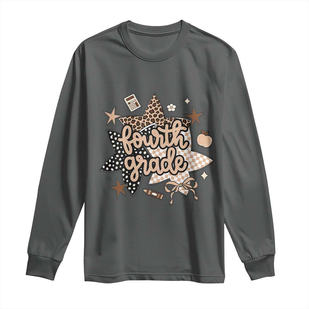 Fourth Grade Leopard Checkered Star Coquette Long Sleeve Shirt Cute 4th Grade Girl Back to School Gift