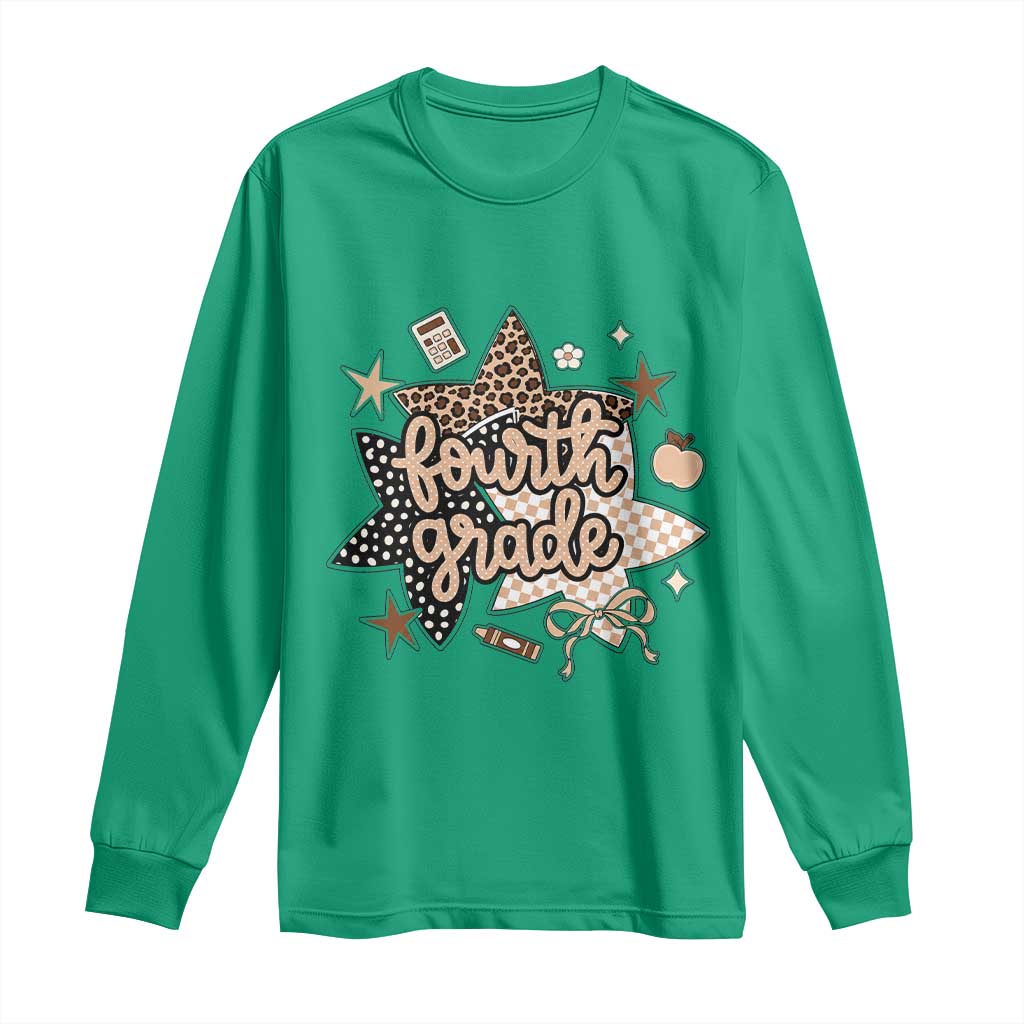 Fourth Grade Leopard Checkered Star Coquette Long Sleeve Shirt Cute 4th Grade Girl Back to School Gift