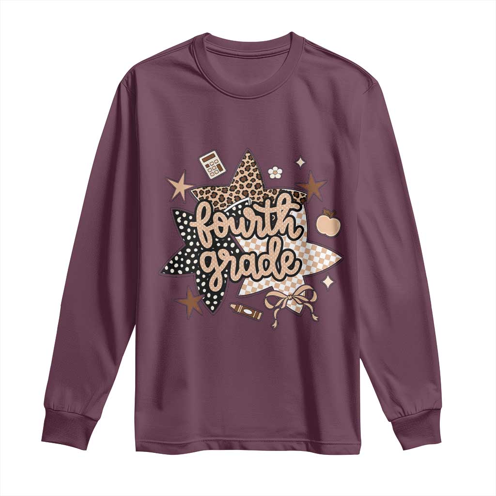 Fourth Grade Leopard Checkered Star Coquette Long Sleeve Shirt Cute 4th Grade Girl Back to School Gift