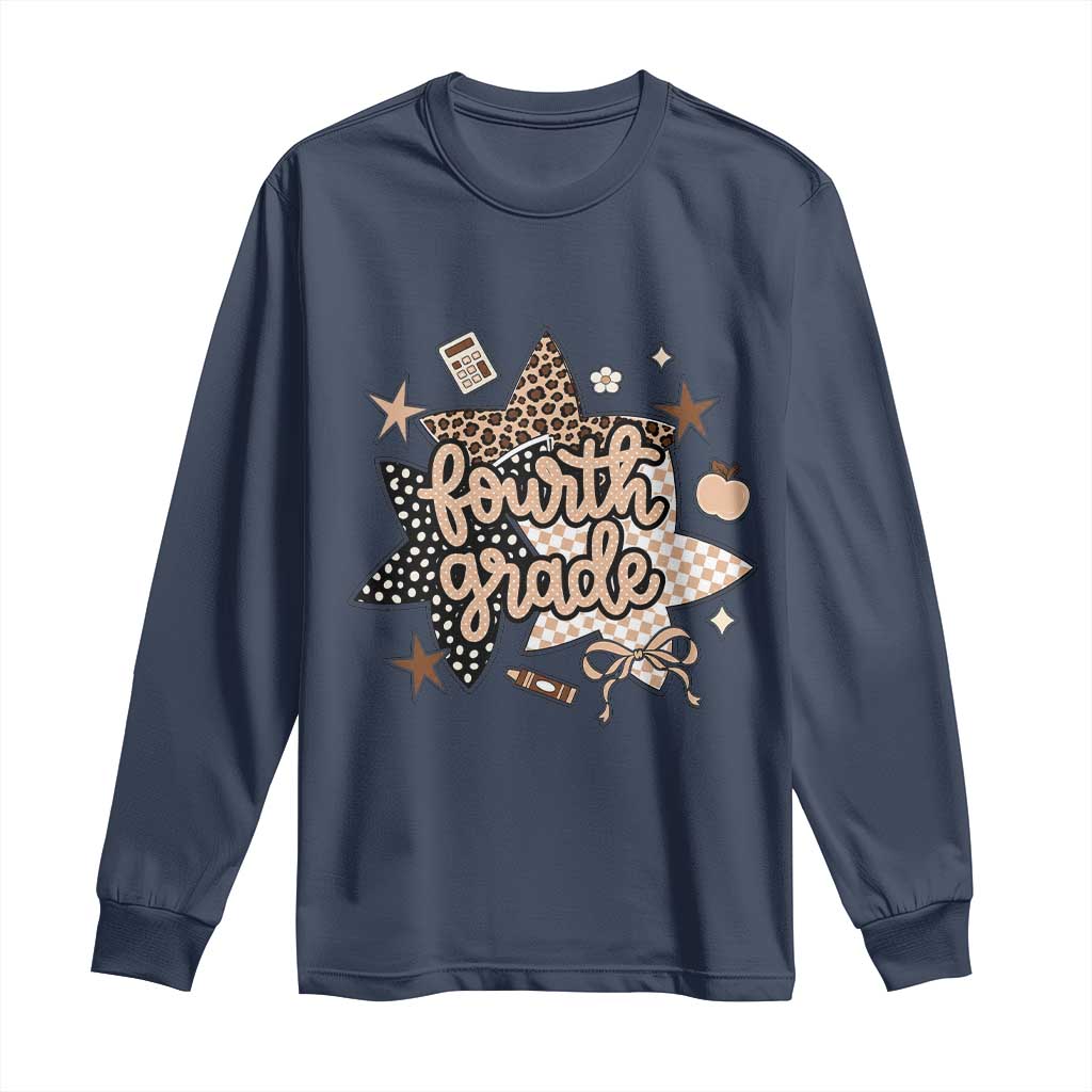 Fourth Grade Leopard Checkered Star Coquette Long Sleeve Shirt Cute 4th Grade Girl Back to School Gift