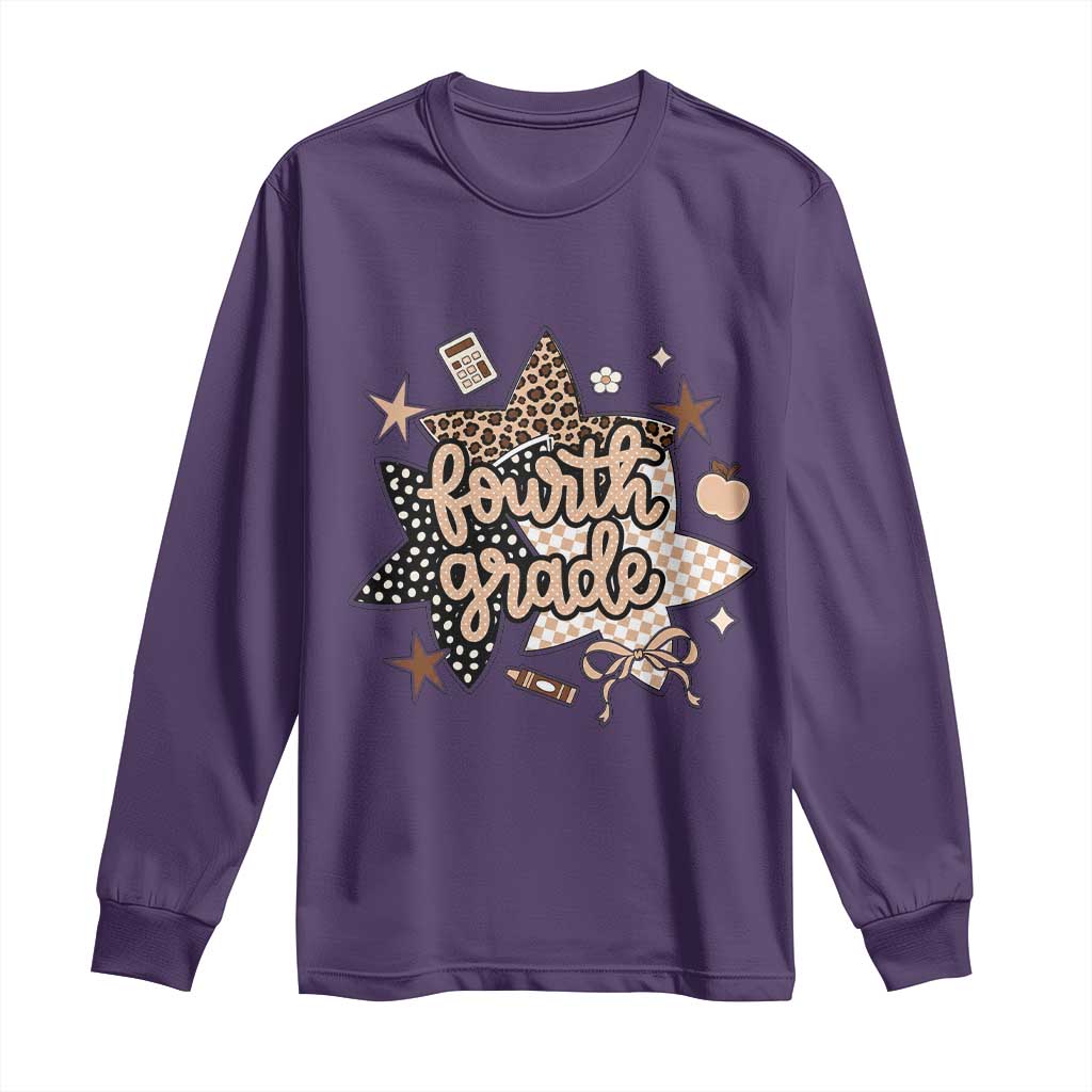 Fourth Grade Leopard Checkered Star Coquette Long Sleeve Shirt Cute 4th Grade Girl Back to School Gift