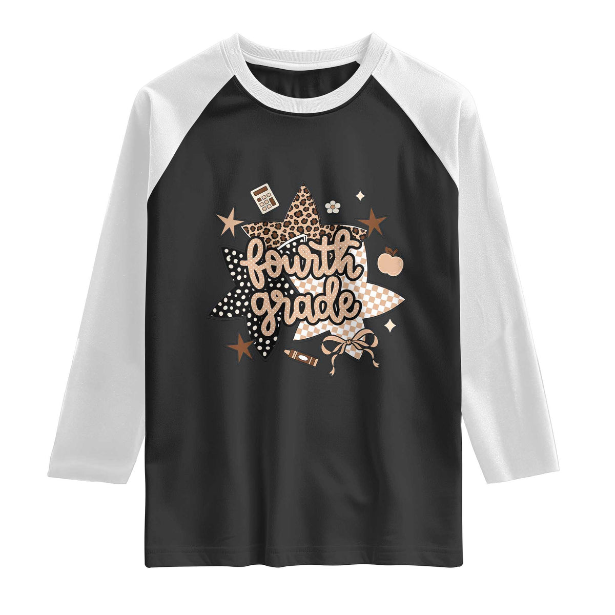 Fourth Grade Leopard Checkered Star Coquette Raglan Shirt Cute 4th Grade Girl Back to School Gift