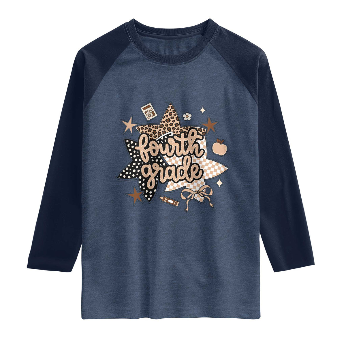 Fourth Grade Leopard Checkered Star Coquette Raglan Shirt Cute 4th Grade Girl Back to School Gift