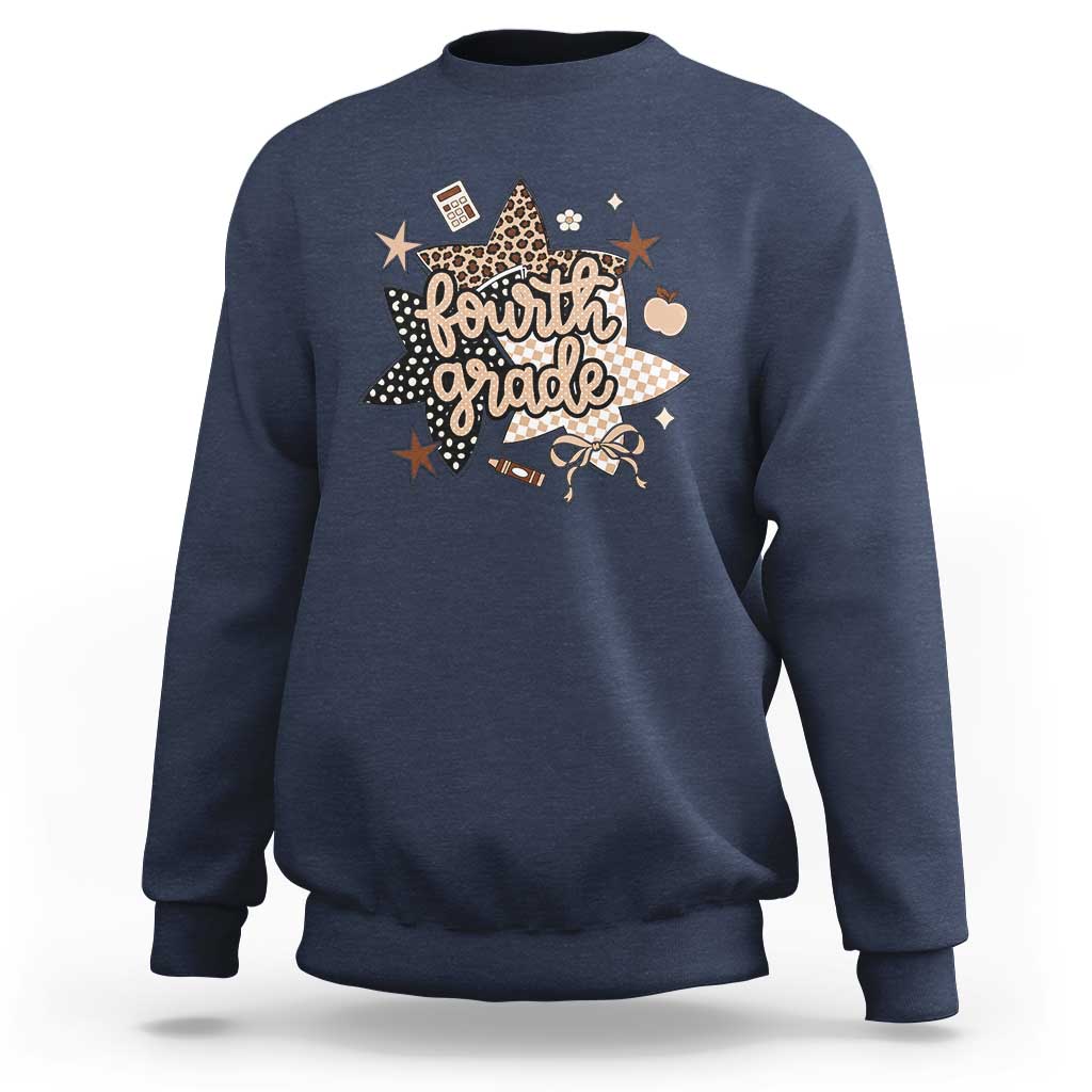 Fourth Grade Leopard Checkered Star Coquette Sweatshirt Cute 4th Grade Girl Back to School Gift