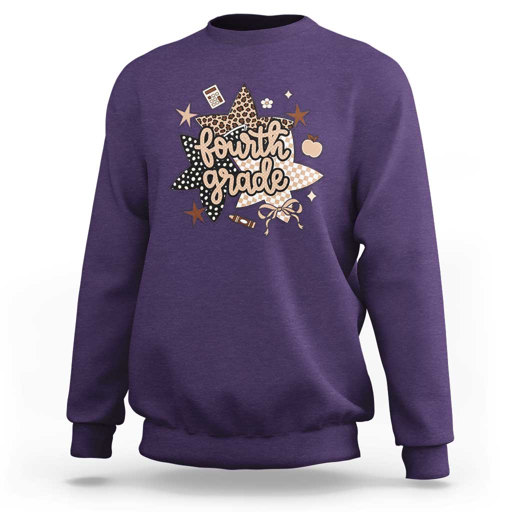 Fourth Grade Leopard Checkered Star Coquette Sweatshirt Cute 4th Grade Girl Back to School Gift