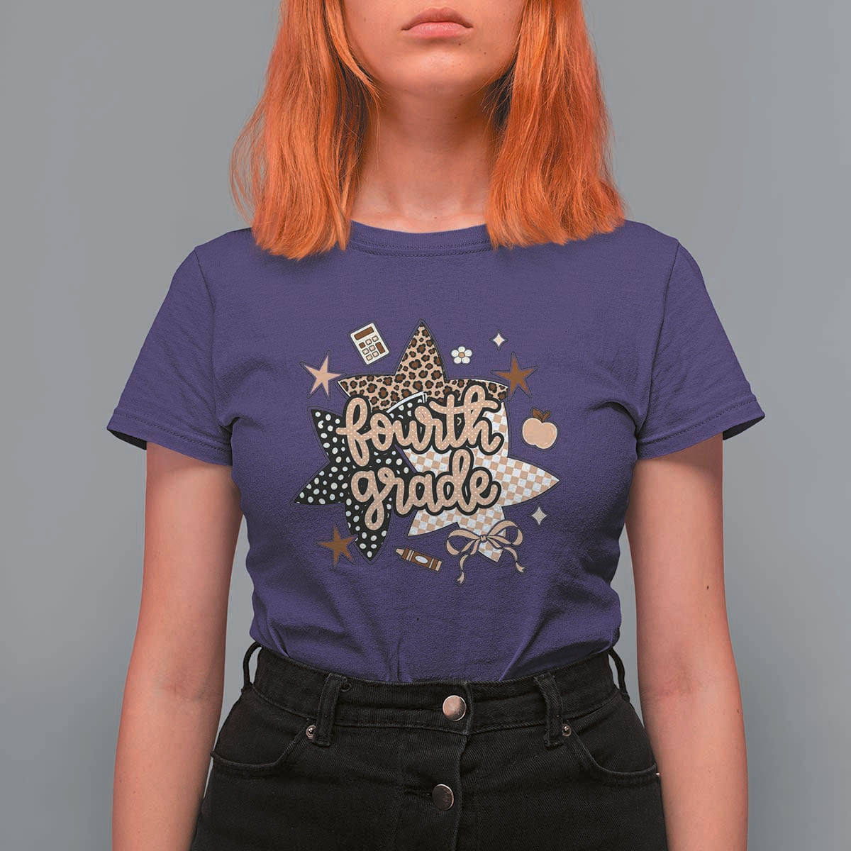 Fourth Grade Leopard Checkered Star Coquette T Shirt For Women Cute 4th Grade Girl Back to School Gift