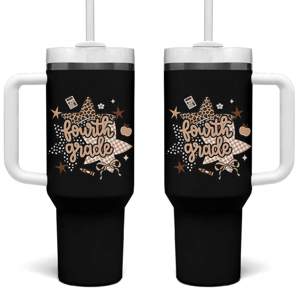 Fourth Grade Leopard Checkered Star Coquette Tumbler With Handle Cute 4th Grade Girl Back to School Gift