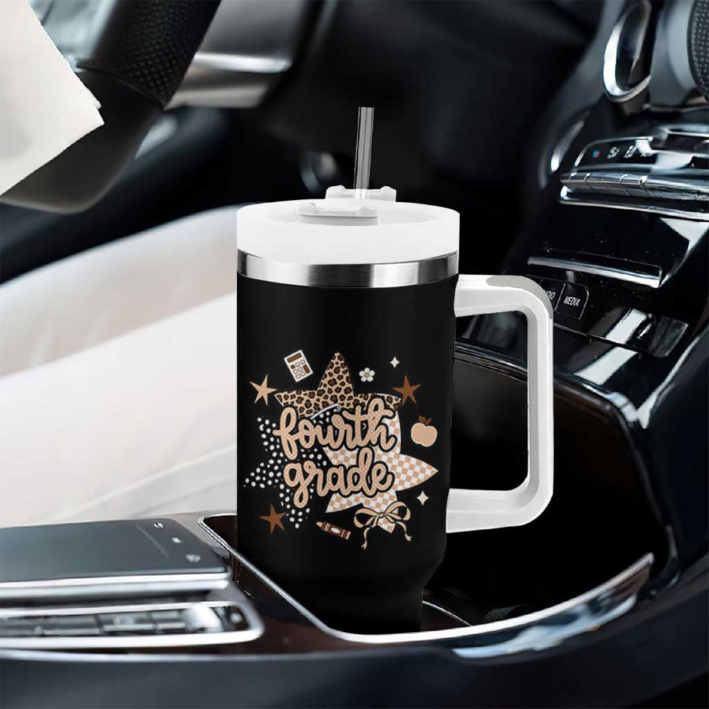 Fourth Grade Leopard Checkered Star Coquette Tumbler With Handle Cute 4th Grade Girl Back to School Gift