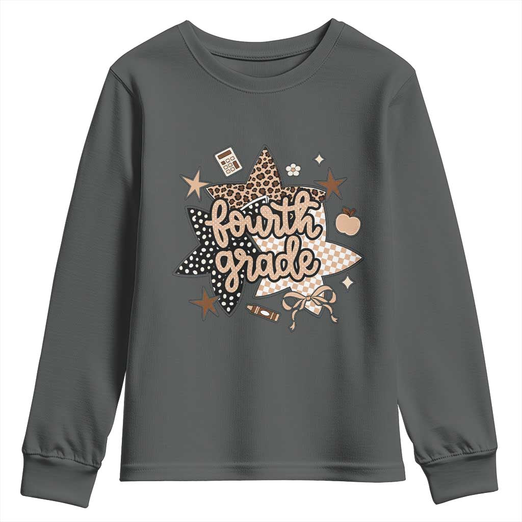 Fourth Grade Leopard Checkered Star Coquette Youth Sweatshirt Cute 4th Grade Girl Back to School Gift