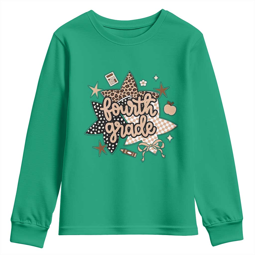 Fourth Grade Leopard Checkered Star Coquette Youth Sweatshirt Cute 4th Grade Girl Back to School Gift