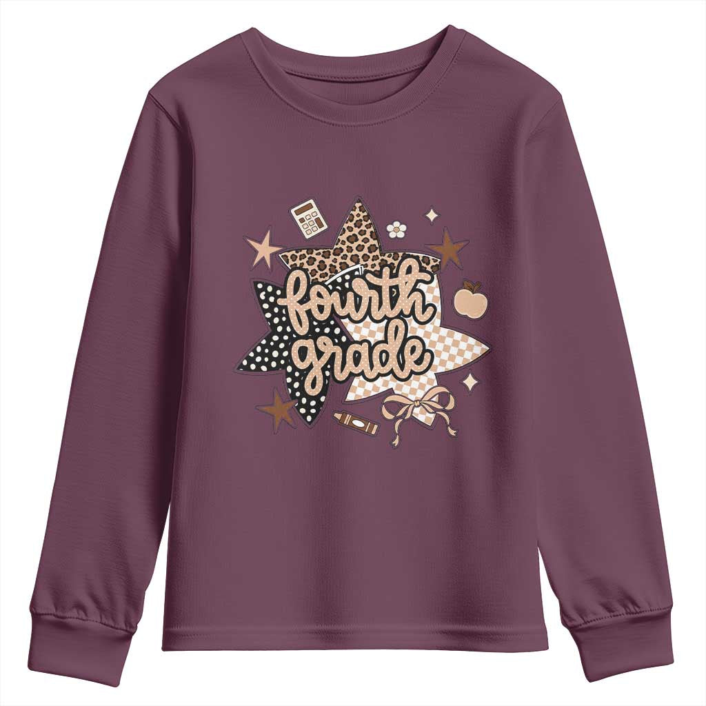 Fourth Grade Leopard Checkered Star Coquette Youth Sweatshirt Cute 4th Grade Girl Back to School Gift