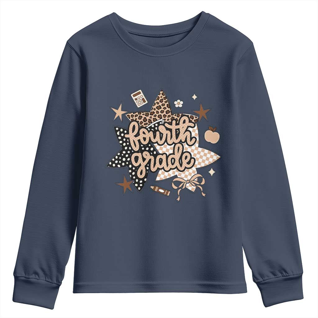 Fourth Grade Leopard Checkered Star Coquette Youth Sweatshirt Cute 4th Grade Girl Back to School Gift