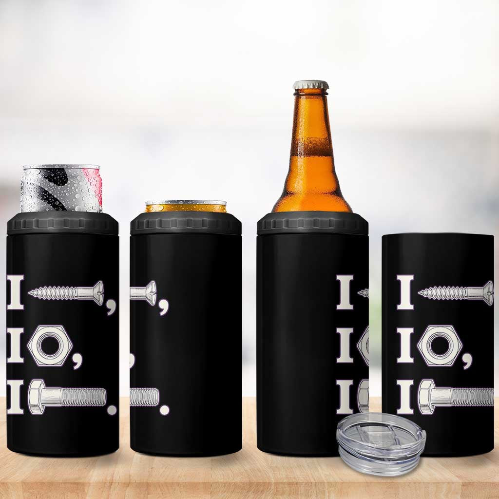 Funny Handyman Mechanic Adult Humor 4 in 1 Can Cooler Tumbler I Screw I Nut I Bolt Rebus Hardware Innuendo Offensive Joke