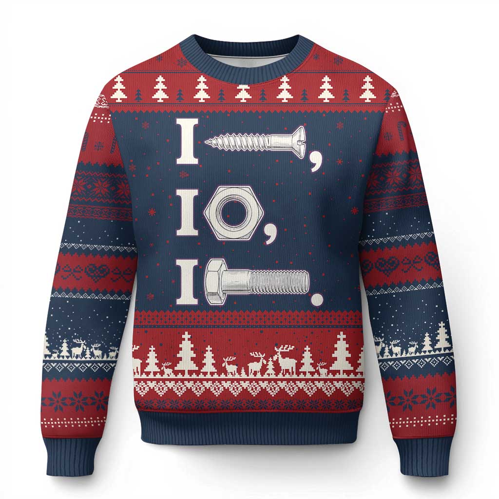 Funny Handyman Mechanic Adult Humor Ugly Christmas Sweater I Screw I Nut I Bolt Rebus Hardware Innuendo Offensive Joke