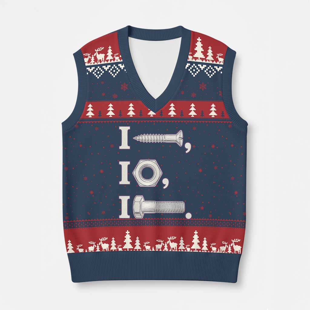 Funny Handyman Mechanic Adult Humor V-Neck Knit Sweater Vest I Screw I Nut I Bolt Rebus Hardware Innuendo Offensive Joke