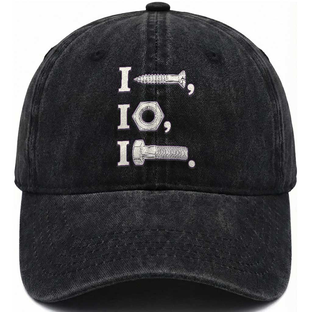 Funny Handyman Mechanic Adult Humor Washed Cotton Baseball Cap I Screw I Nut I Bolt Rebus Hardware Innuendo Offensive Joke