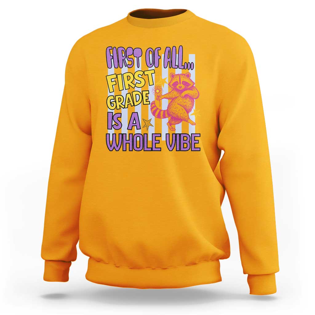 Cute Raccoon 1st Grade Student Teacher Preppy Style Sweatshirt First of All First Grade Is A Whole Vibe Back To School