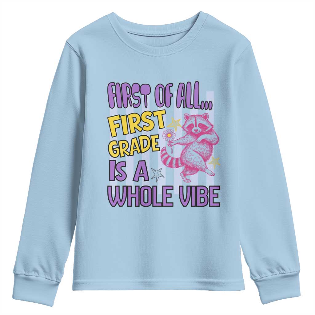 Cute Raccoon 1st Grade Student Teacher Preppy Style Youth Sweatshirt First of All First Grade Is A Whole Vibe Back To School