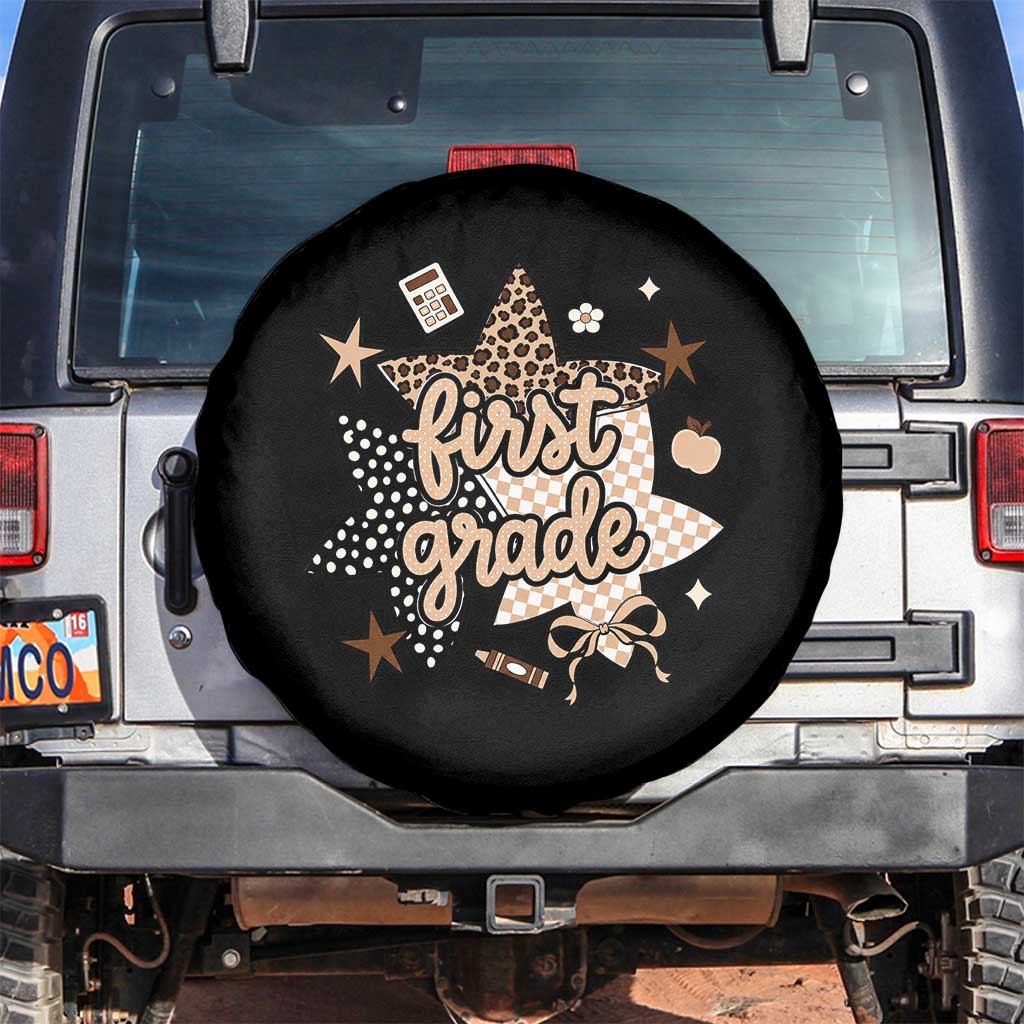 First Grade Leopard Checkered Star Coquette Spare Tire Cover Cute 1st Grade Girl Back to School Gift