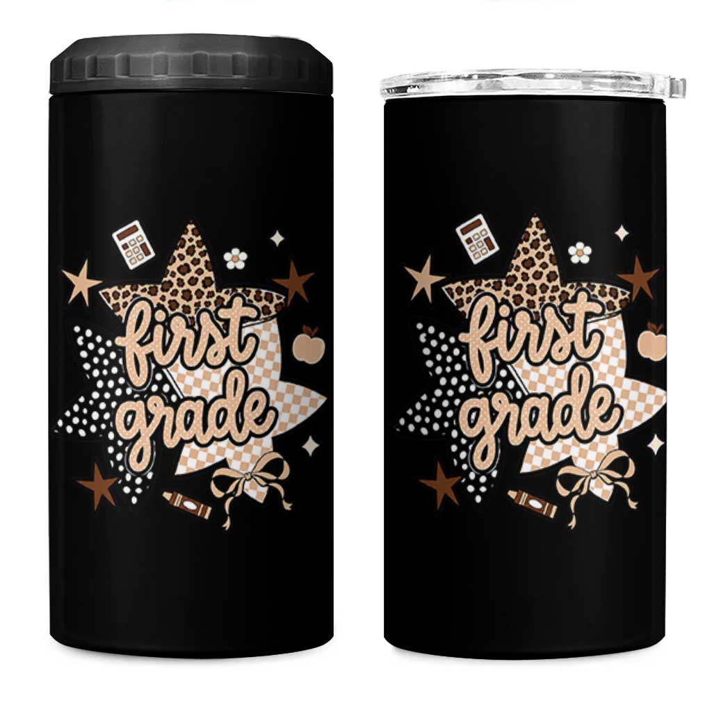 First Grade Leopard Checkered Star Coquette 4 in 1 Can Cooler Tumbler Cute 1st Grade Girl Back to School Gift