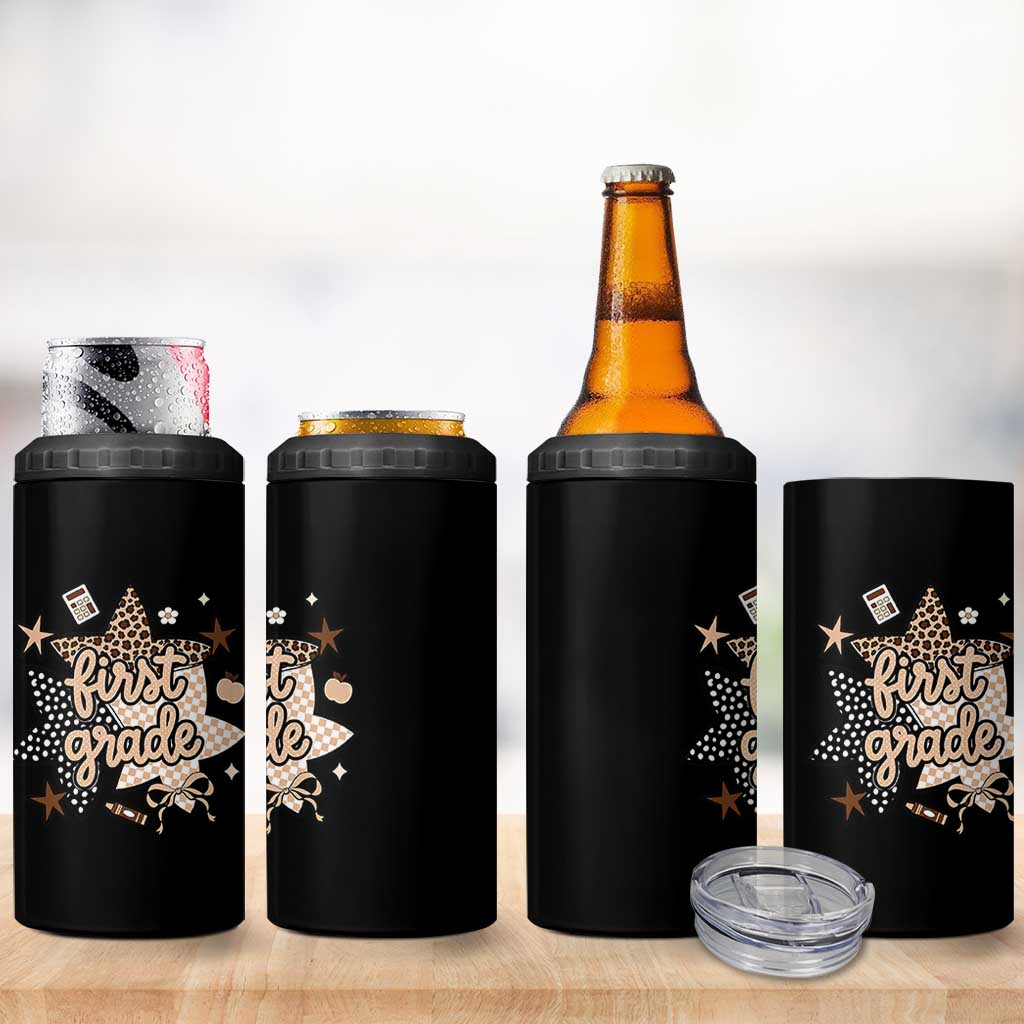 First Grade Leopard Checkered Star Coquette 4 in 1 Can Cooler Tumbler Cute 1st Grade Girl Back to School Gift