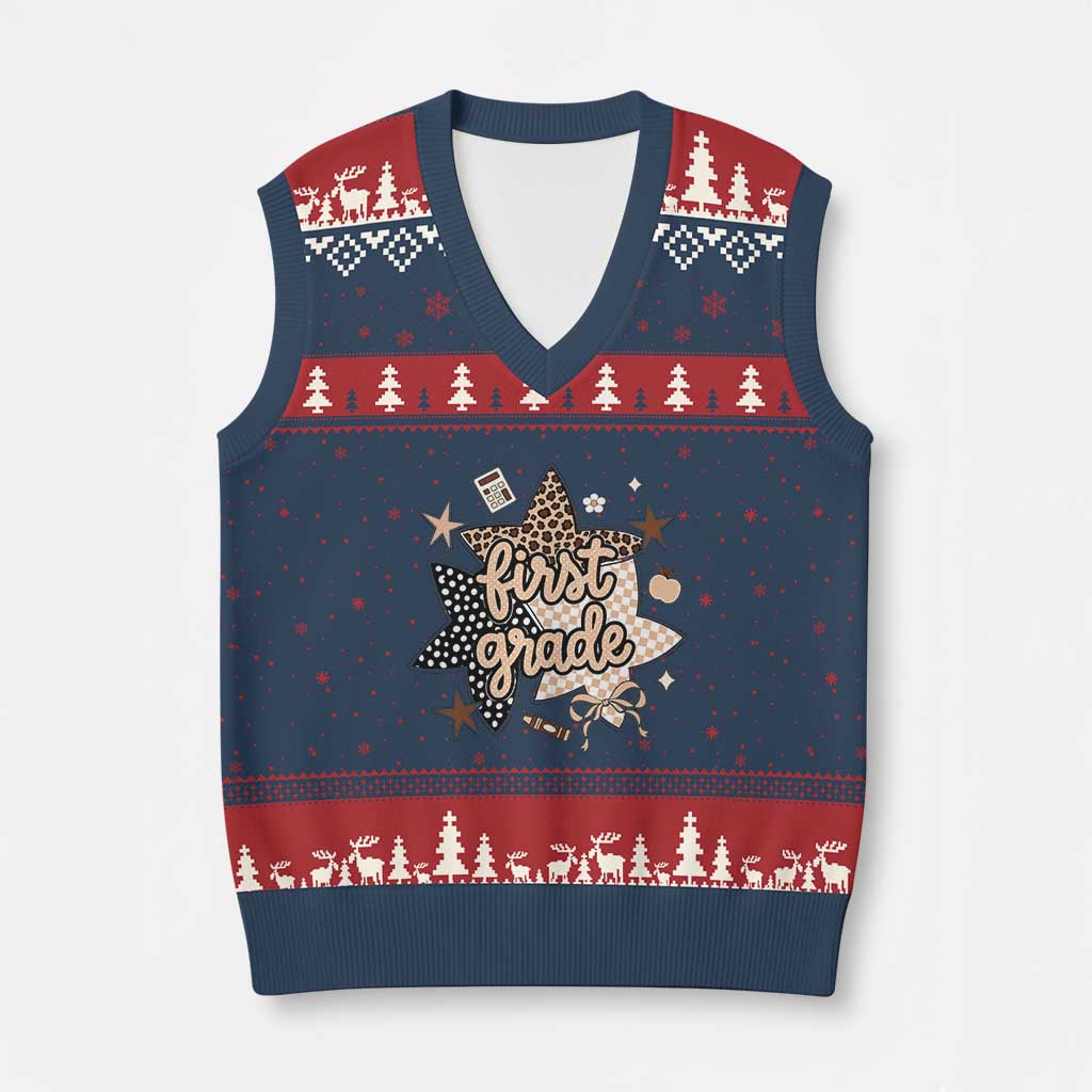 First Grade Leopard Checkered Star Coquette V-Neck Knit Sweater Vest Cute 1st Grade Girl Back to School Gift