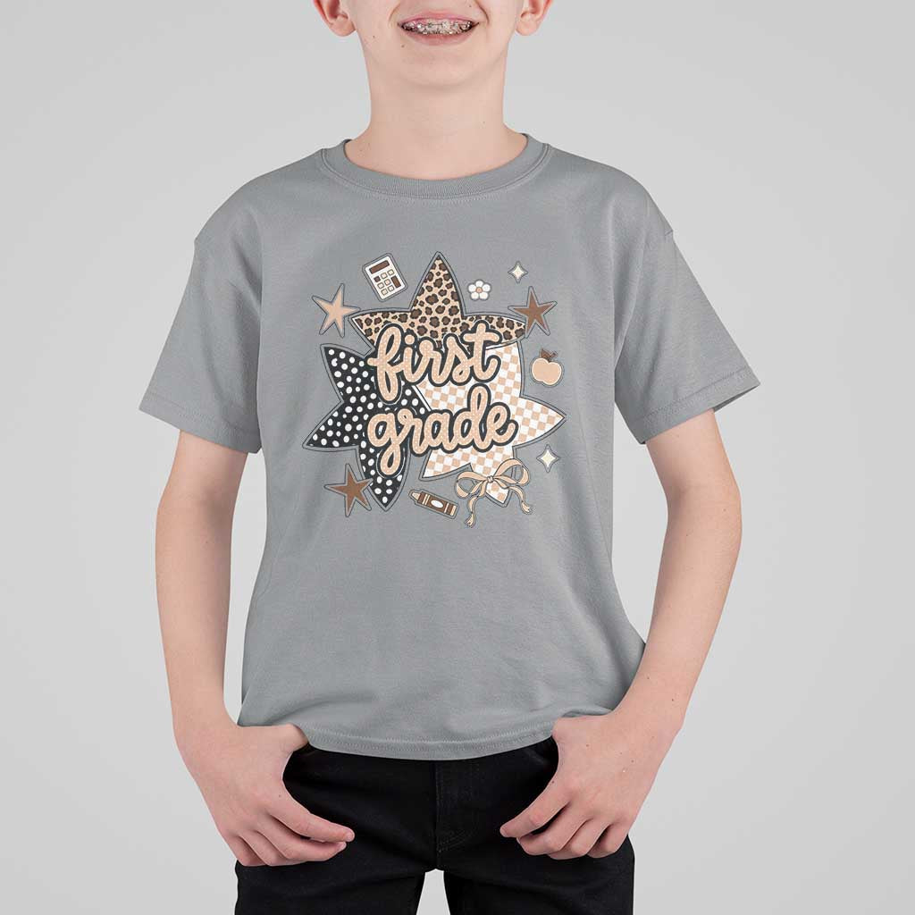 First Grade Leopard Checkered Star Coquette T Shirt For Kid Cute 1st Grade Girl Back to School Gift