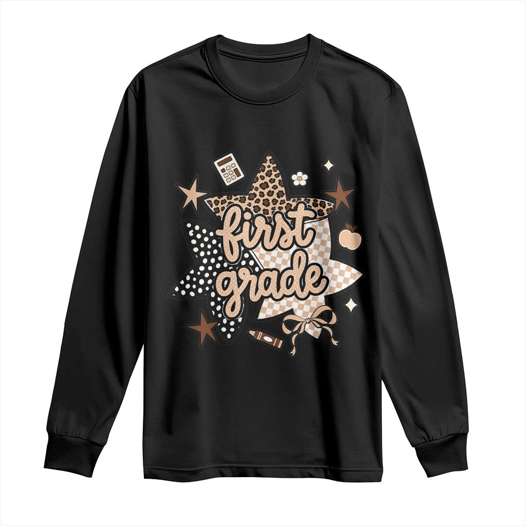 First Grade Leopard Checkered Star Coquette Long Sleeve Shirt Cute 1st Grade Girl Back to School Gift