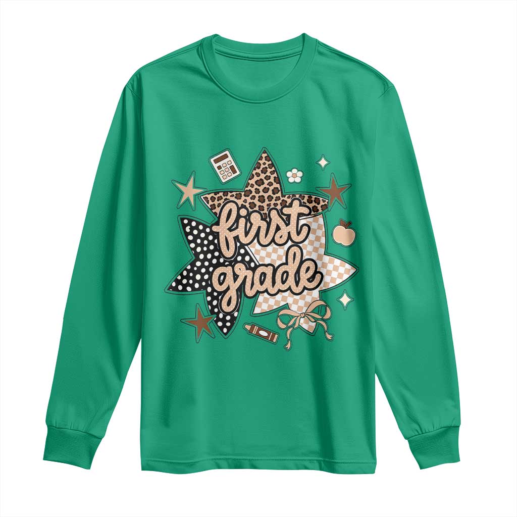 First Grade Leopard Checkered Star Coquette Long Sleeve Shirt Cute 1st Grade Girl Back to School Gift