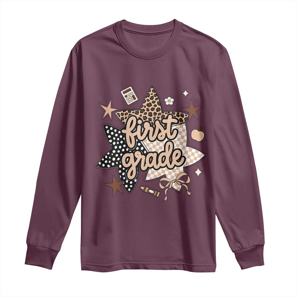 First Grade Leopard Checkered Star Coquette Long Sleeve Shirt Cute 1st Grade Girl Back to School Gift