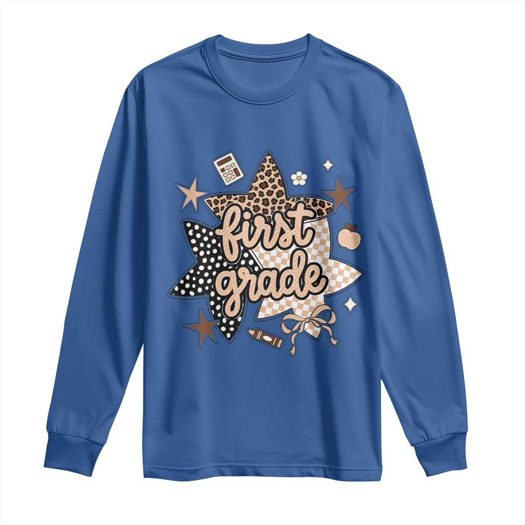 First Grade Leopard Checkered Star Coquette Long Sleeve Shirt Cute 1st Grade Girl Back to School Gift