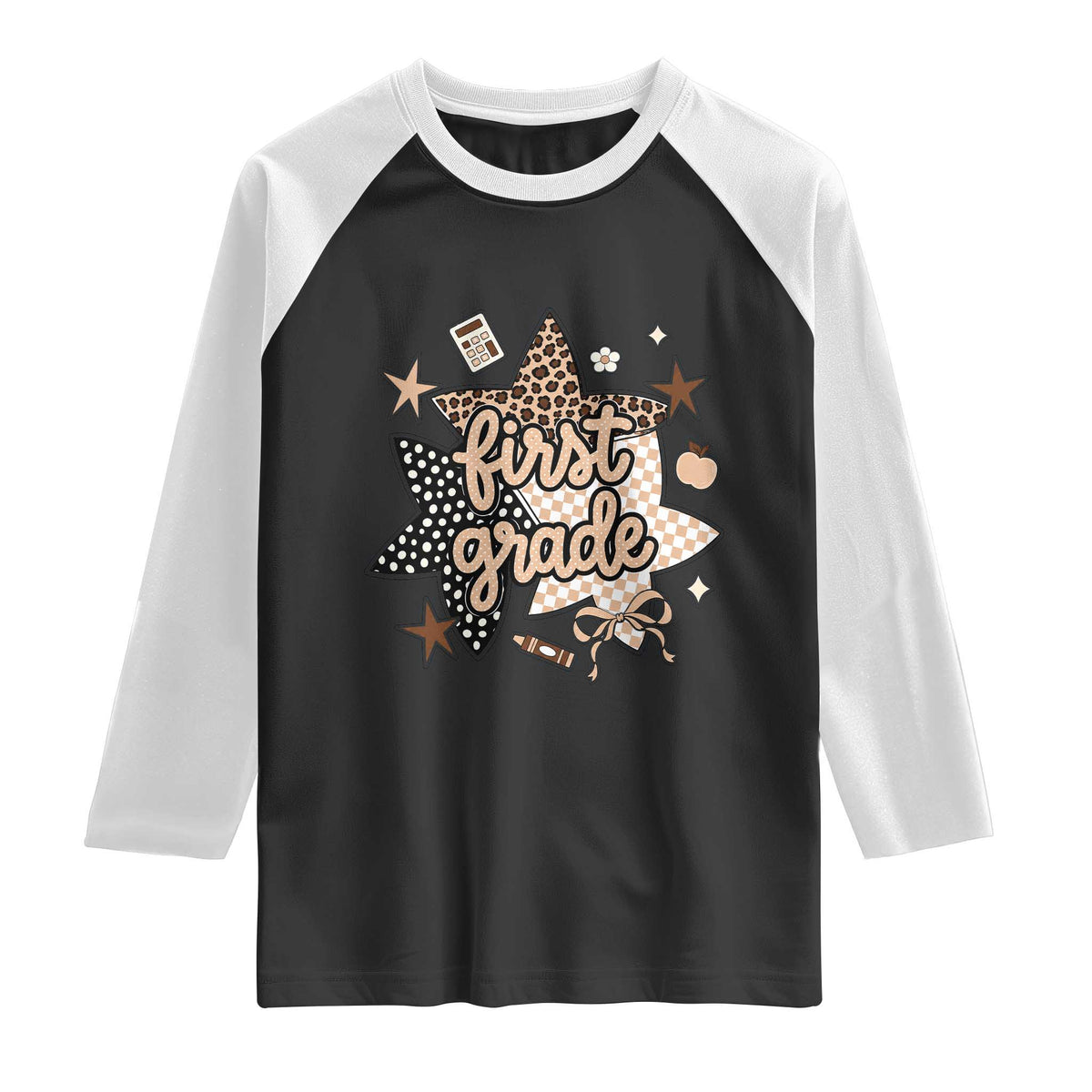 First Grade Leopard Checkered Star Coquette Raglan Shirt Cute 1st Grade Girl Back to School Gift
