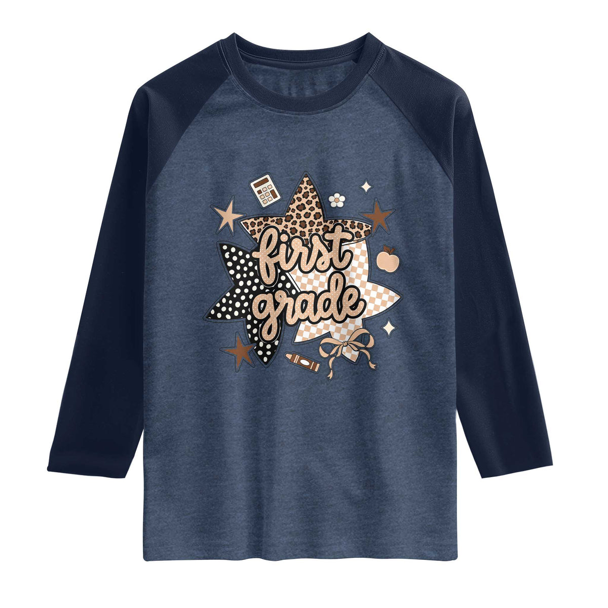 First Grade Leopard Checkered Star Coquette Raglan Shirt Cute 1st Grade Girl Back to School Gift