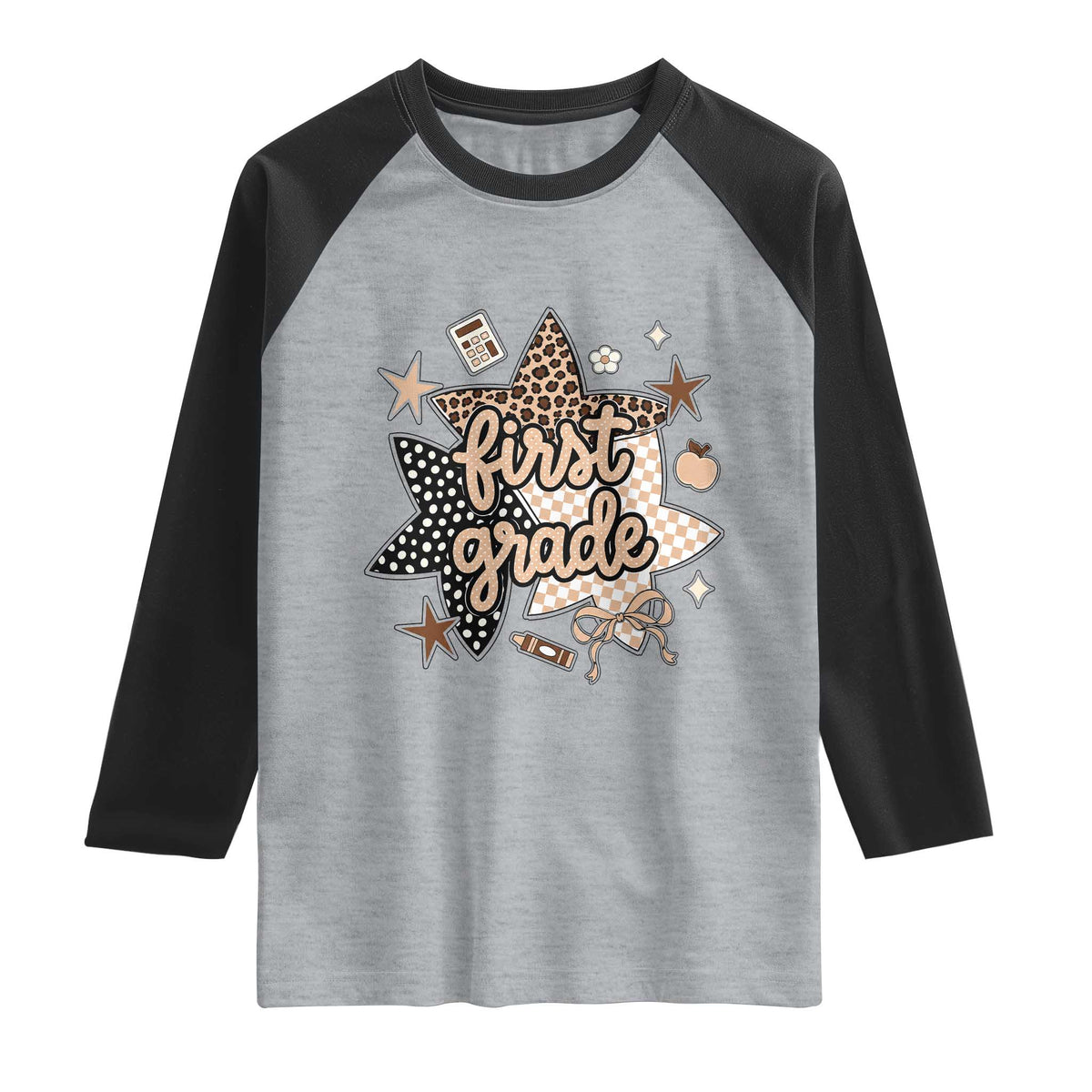 First Grade Leopard Checkered Star Coquette Raglan Shirt Cute 1st Grade Girl Back to School Gift