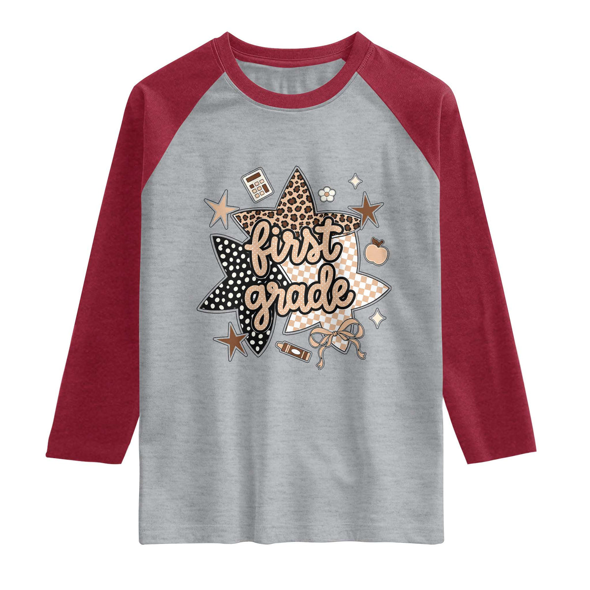 First Grade Leopard Checkered Star Coquette Raglan Shirt Cute 1st Grade Girl Back to School Gift