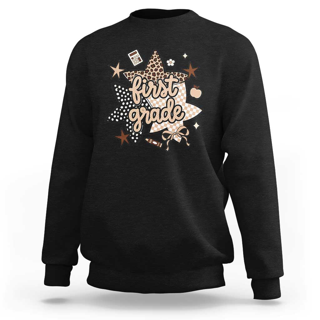 First Grade Leopard Checkered Star Coquette Sweatshirt Cute 1st Grade Girl Back to School Gift