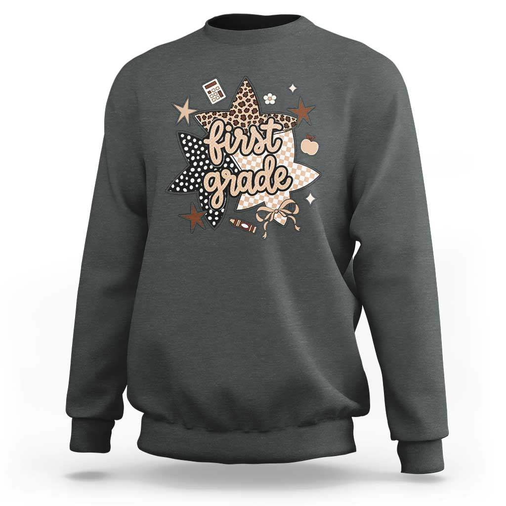 First Grade Leopard Checkered Star Coquette Sweatshirt Cute 1st Grade Girl Back to School Gift