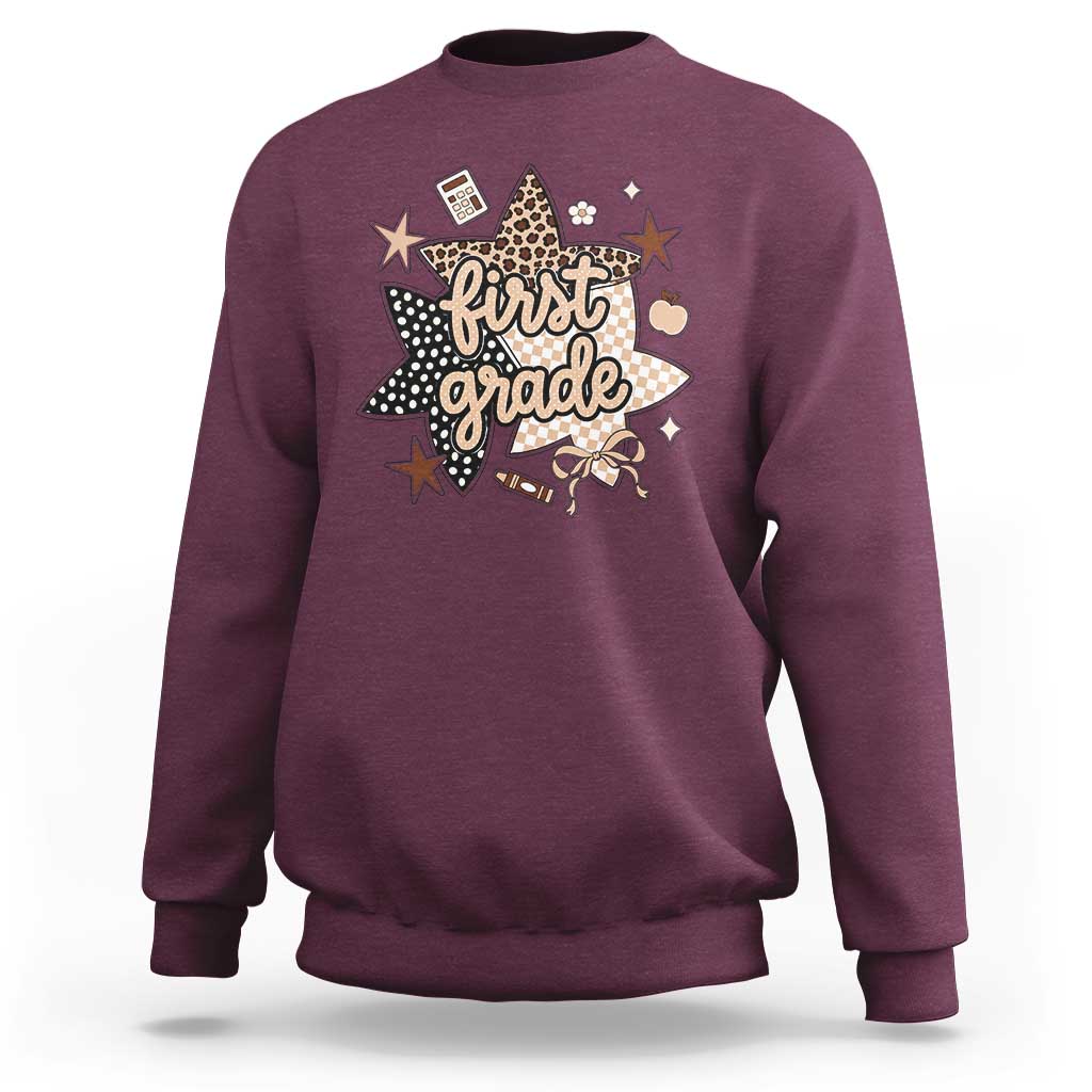 First Grade Leopard Checkered Star Coquette Sweatshirt Cute 1st Grade Girl Back to School Gift