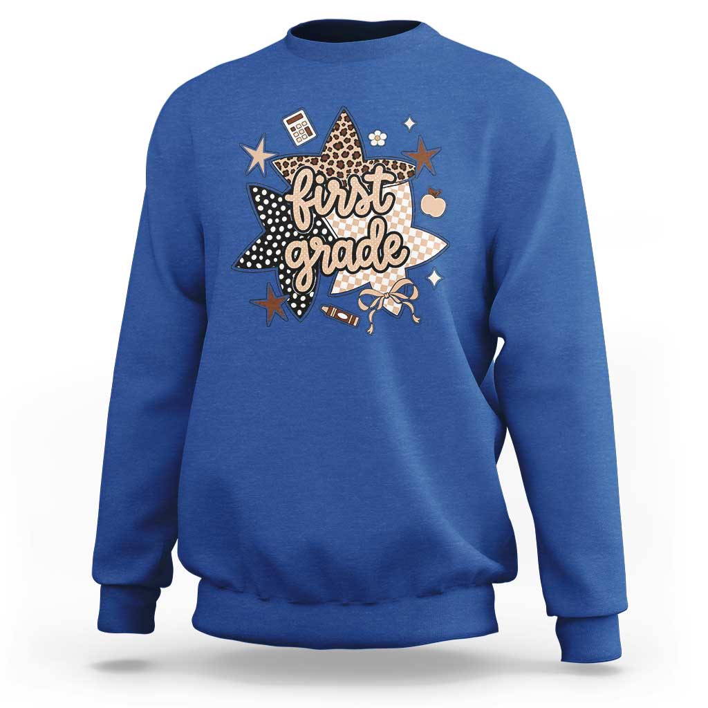 First Grade Leopard Checkered Star Coquette Sweatshirt Cute 1st Grade Girl Back to School Gift